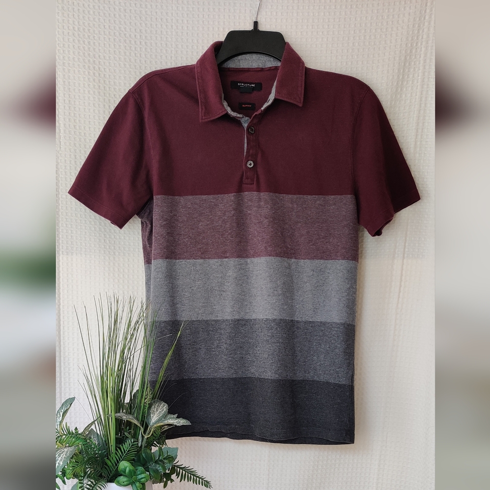 Structure Collection, Slim Fit Mens Maroon/ Purple Striped Polo Shirt Size M